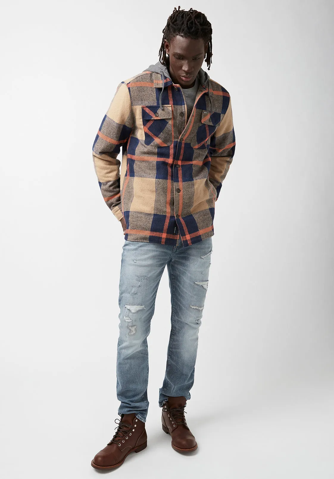 Jiref Men’s Hoodie Shacket in Tan & Navy Plaid - BM24048