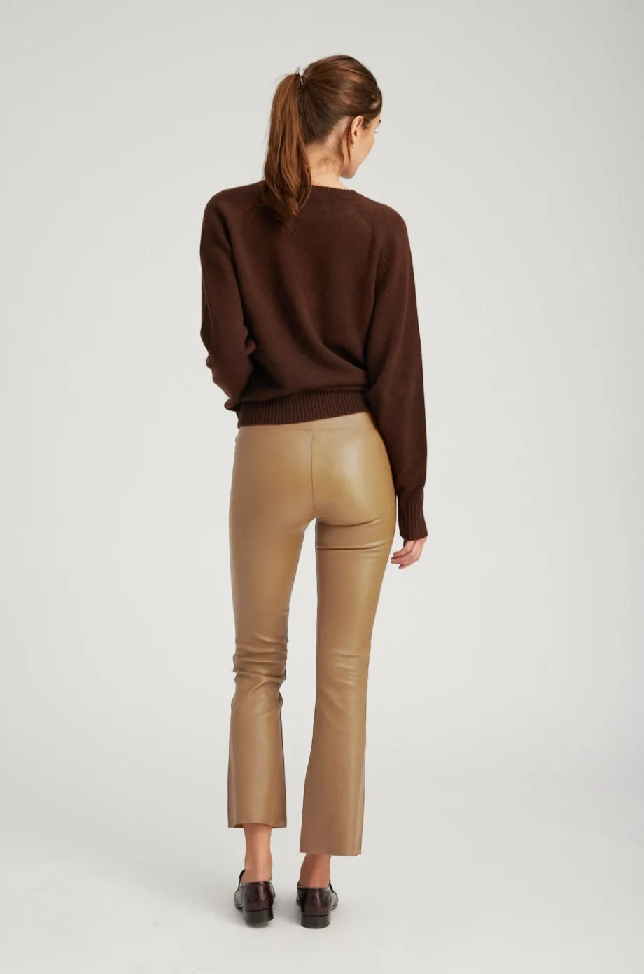 Khaki Leather Ankle Flare Leggings