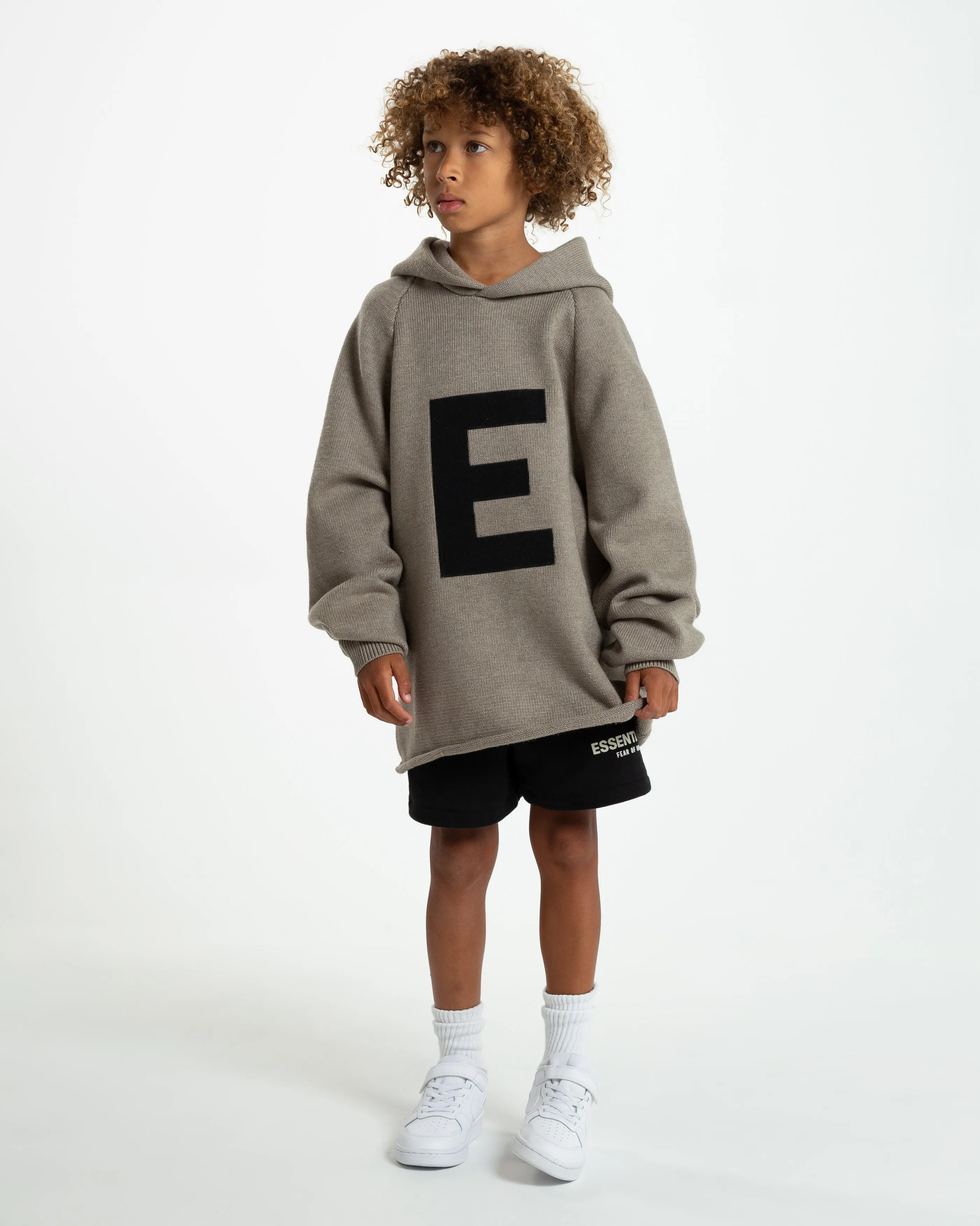 Kids' "Big E" Knit Hoodie in Dark Oatmeal