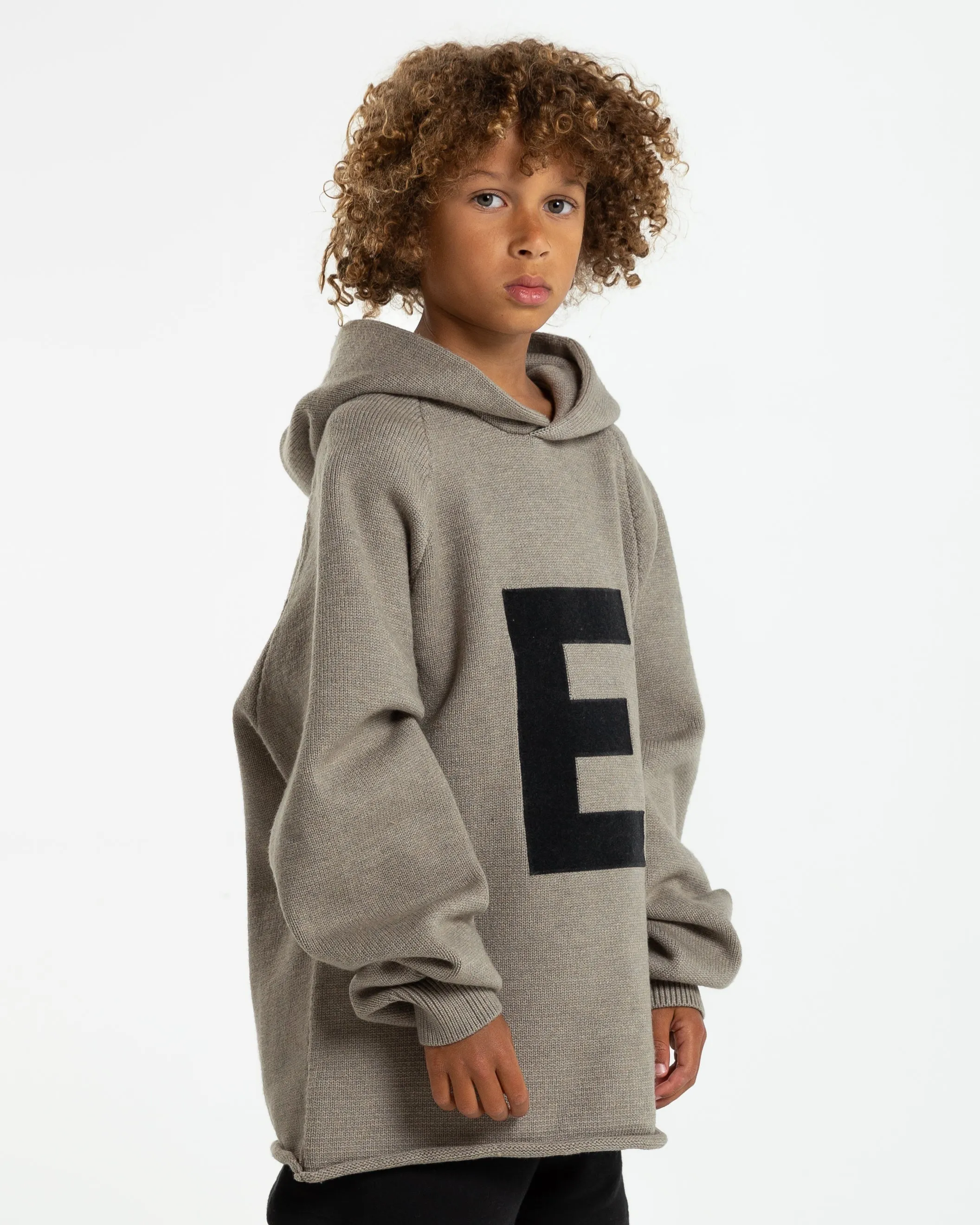 Kids' "Big E" Knit Hoodie in Dark Oatmeal