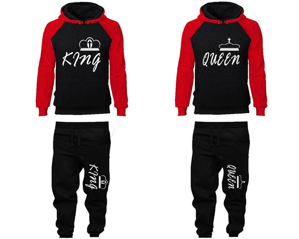 King Queen Couple Matching Top Bottom Set Raglan Hoodies and Jogger Pants