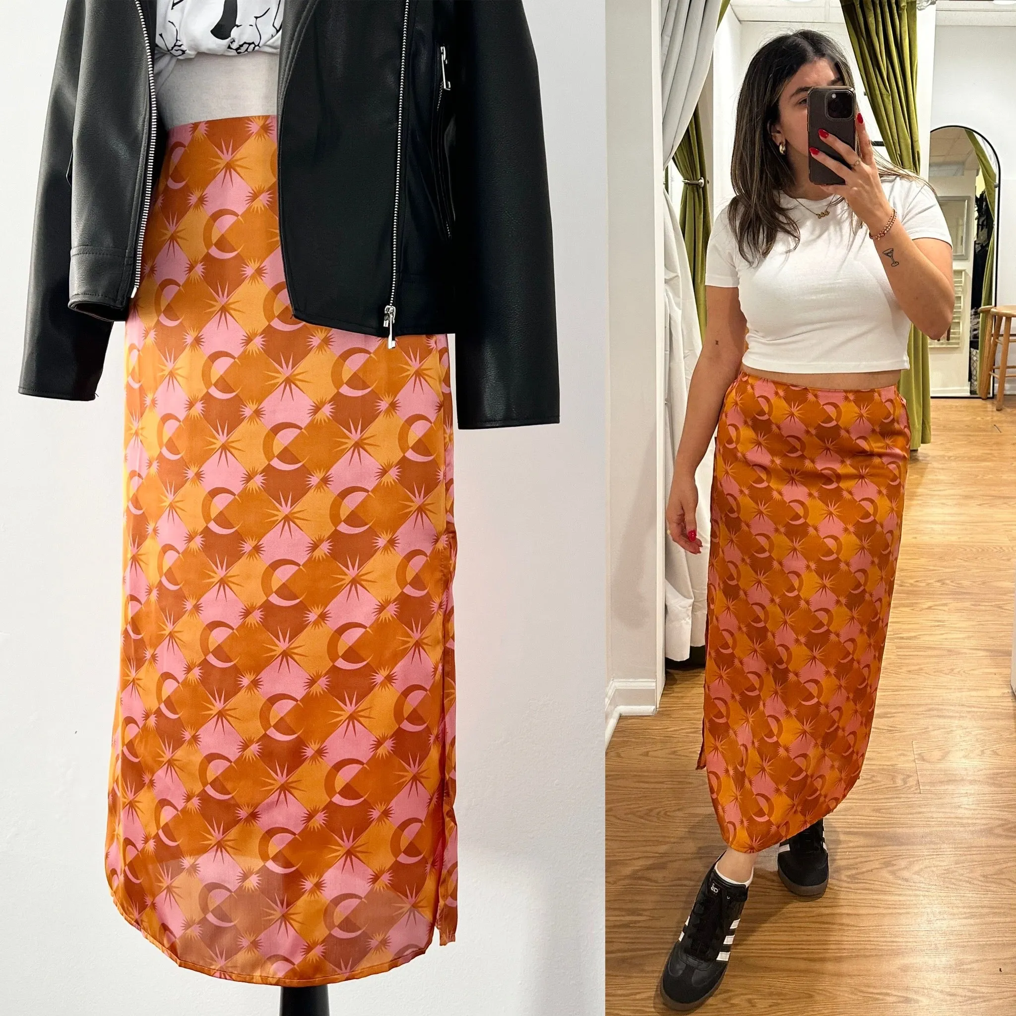 Moon & Stars Satin Midi Skirt - Sunset