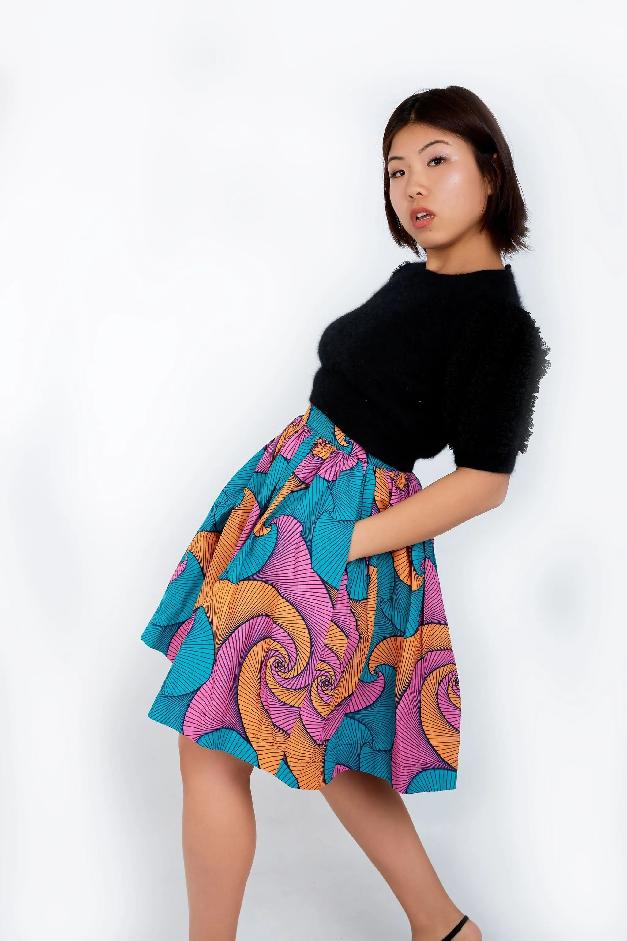 New in African Print Mini Skater Skirt - Blue