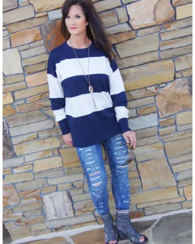 On The Go Color Blue And White Stripe Sweater