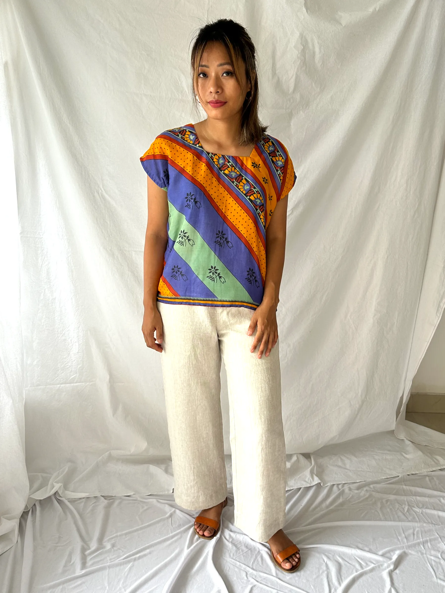 Orange & Brown Mandala Square Neck Top - L