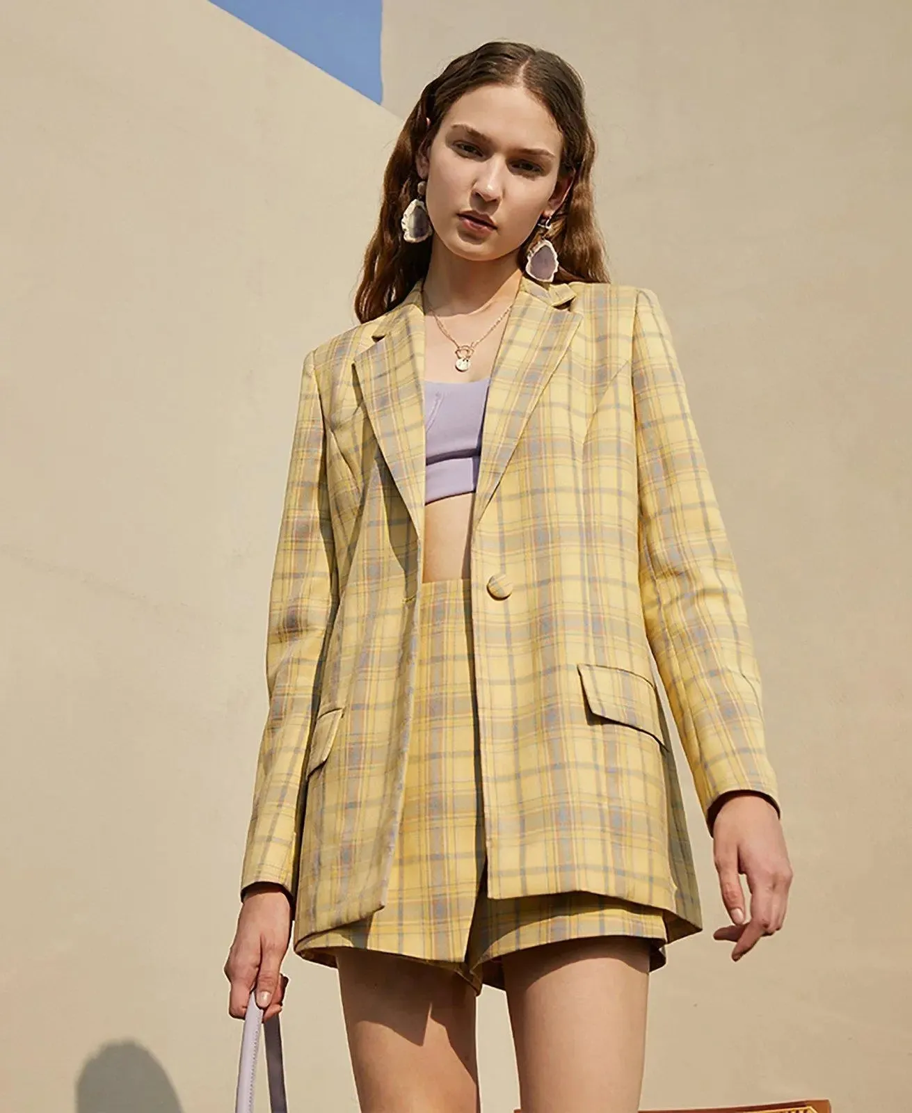 Plaid Long Sleeve Blazer Skirt Set