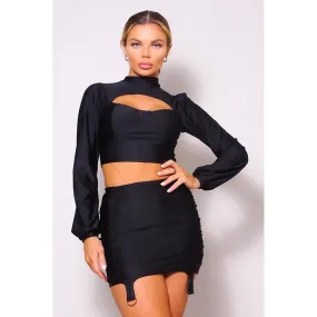 Puff Long Sleeve Front Cutout Turtleneck Blouse & Side Ruched Garter Mini Skirt Set