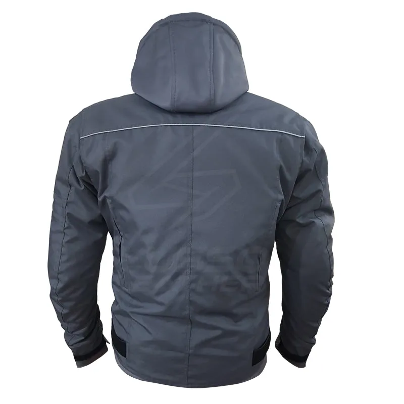 "Grey Utility" Air Ventilation and Hooded Breathable and Waterproof Textile Motorcycle Jacket with armor protectors