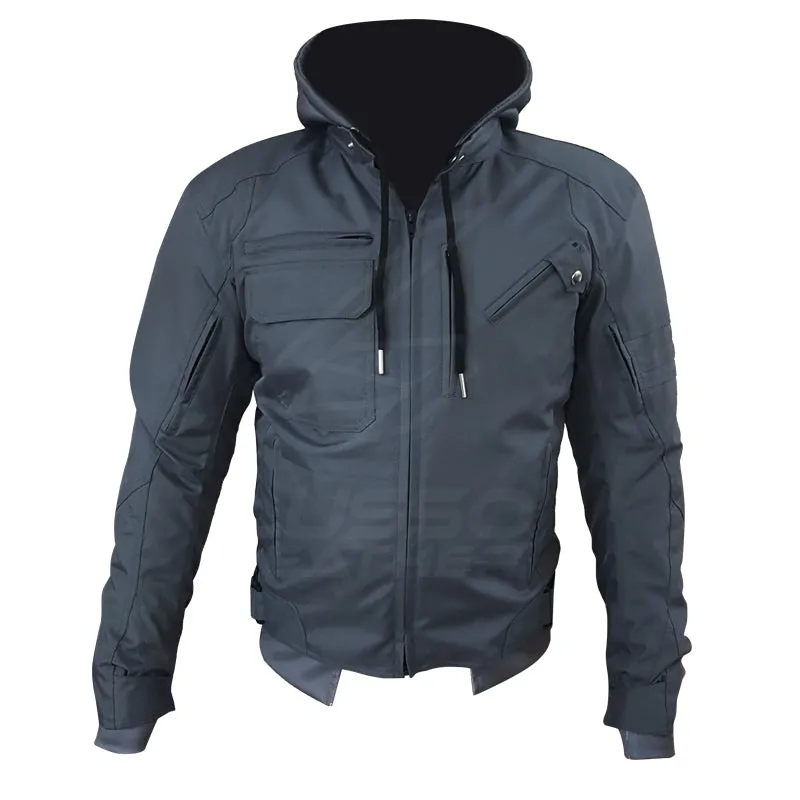 "Grey Utility" Air Ventilation and Hooded Breathable and Waterproof Textile Motorcycle Jacket with armor protectors