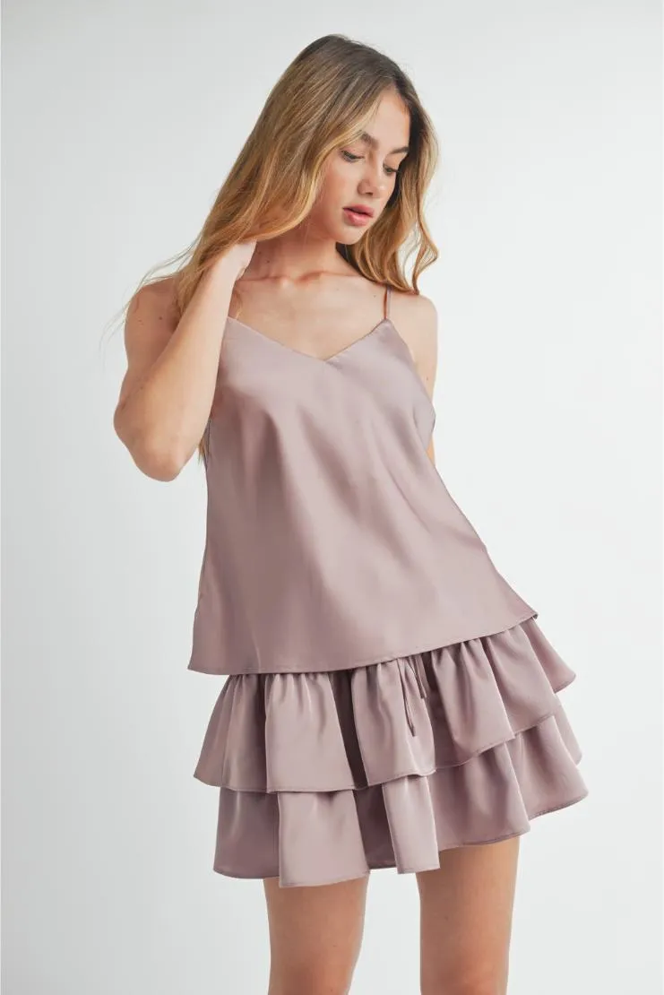 Rachel Satin Cami and Ruffle Tiered Mini Skirt Set (Sold Separately) - Lavender