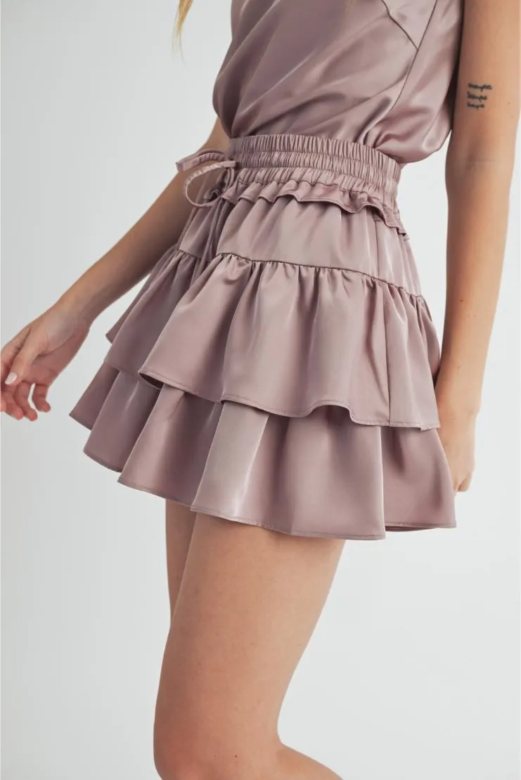 Rachel Satin Cami and Ruffle Tiered Mini Skirt Set (Sold Separately) - Lavender