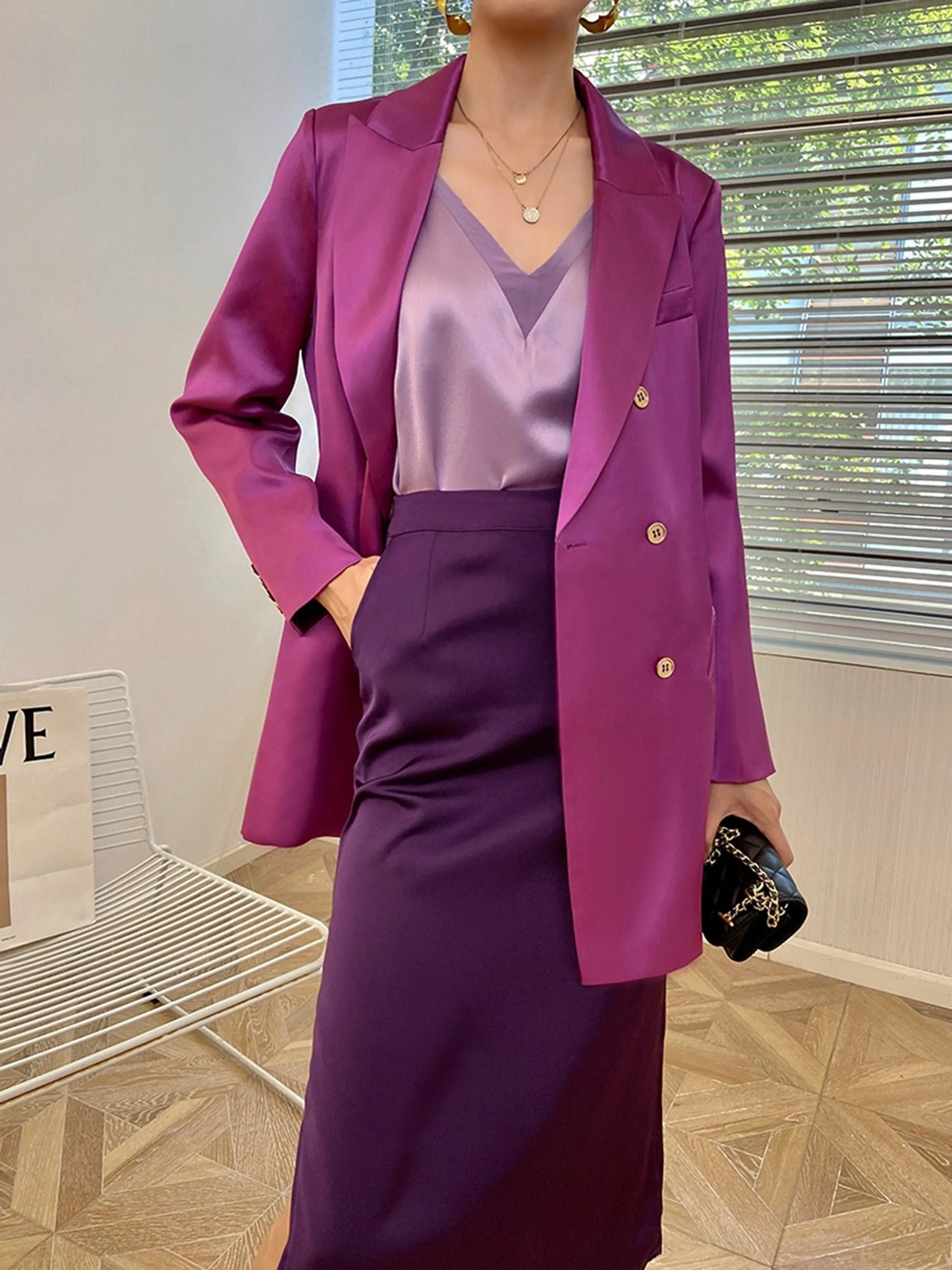 Satin Single-Breasted Thigh-Length Blazer Jacket