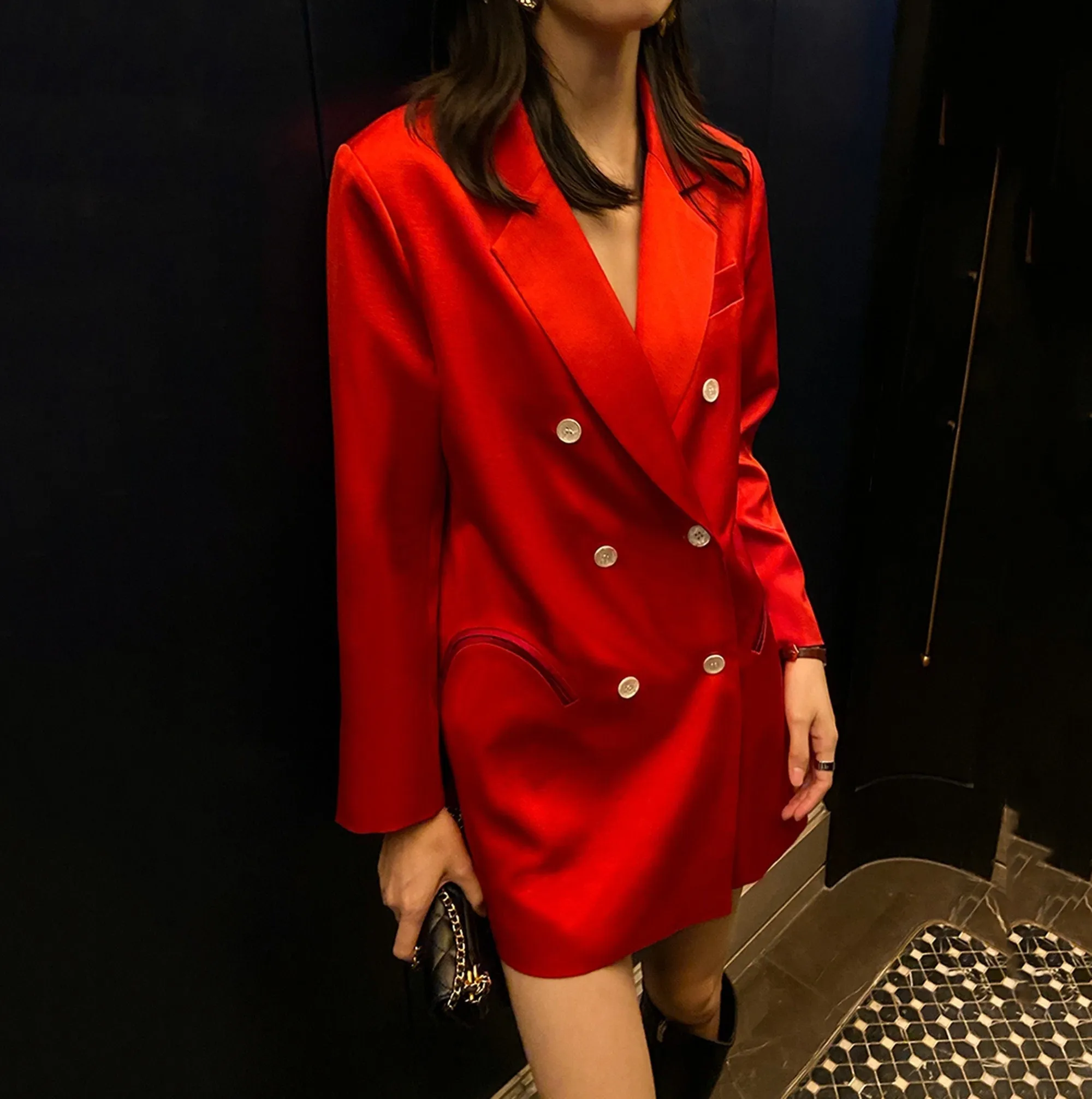 Satin Single-Breasted Thigh-Length Blazer Jacket