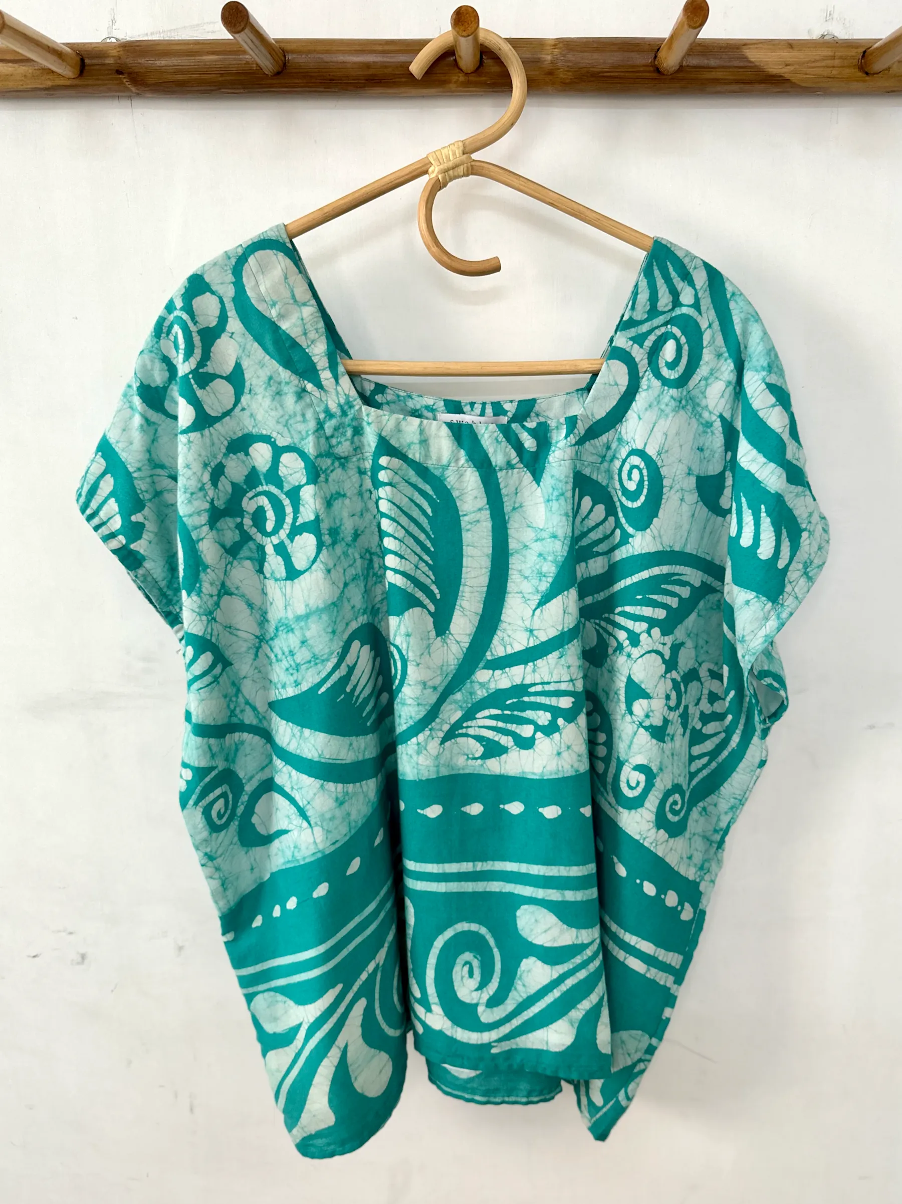 Turquoise and White Batik Print Square Neck Top - M, XXL