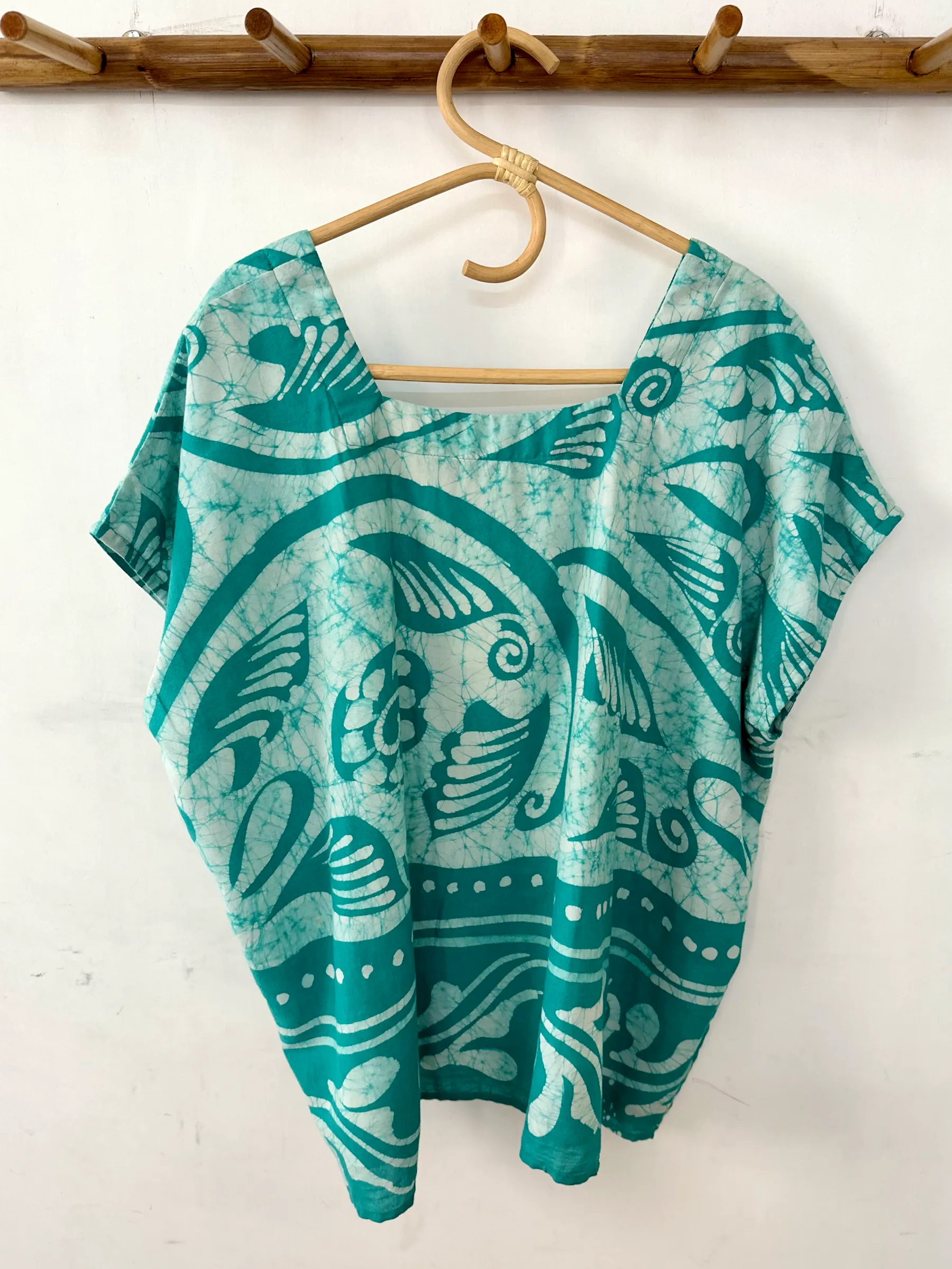 Turquoise and White Batik Print Square Neck Top - M, XXL