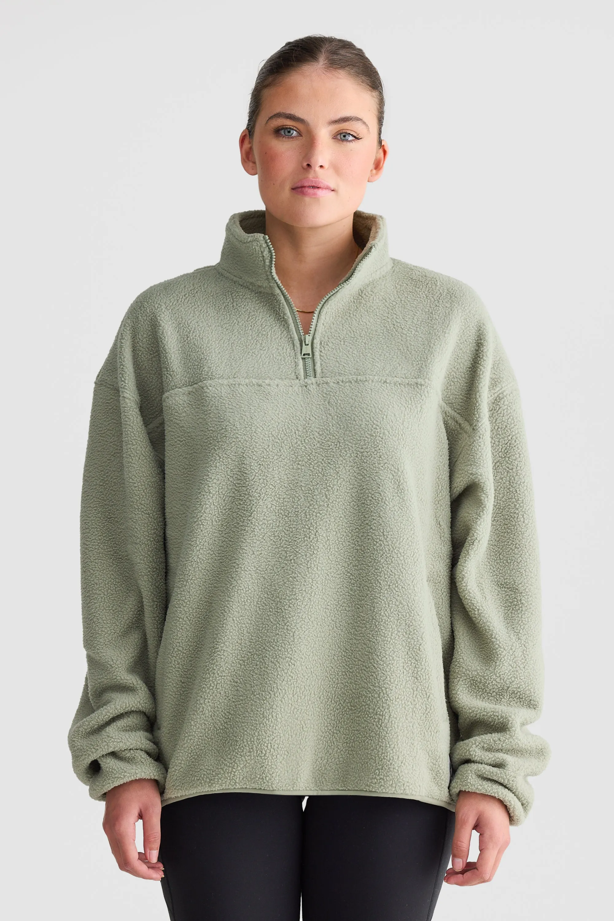 Unisex Sherpa Fleece Quarter Zip Dusty Olive