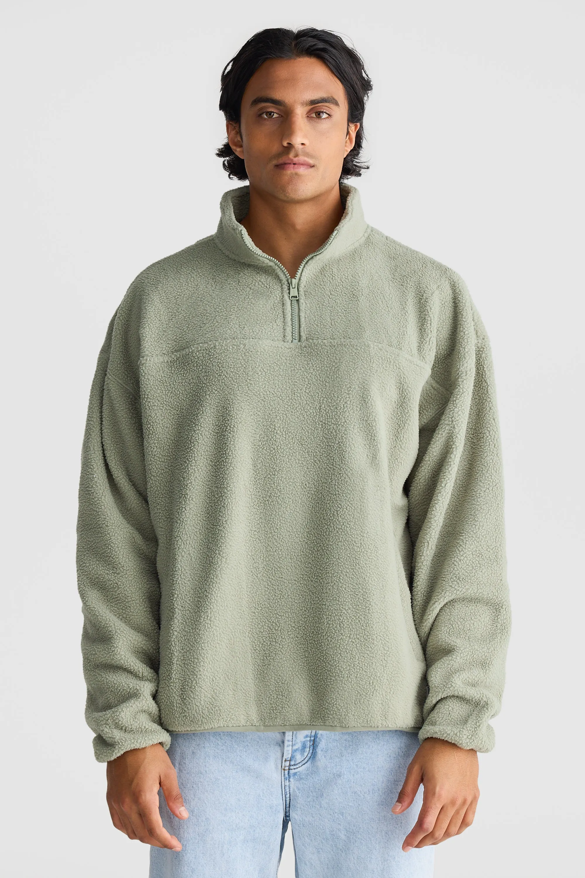 Unisex Sherpa Fleece Quarter Zip Dusty Olive