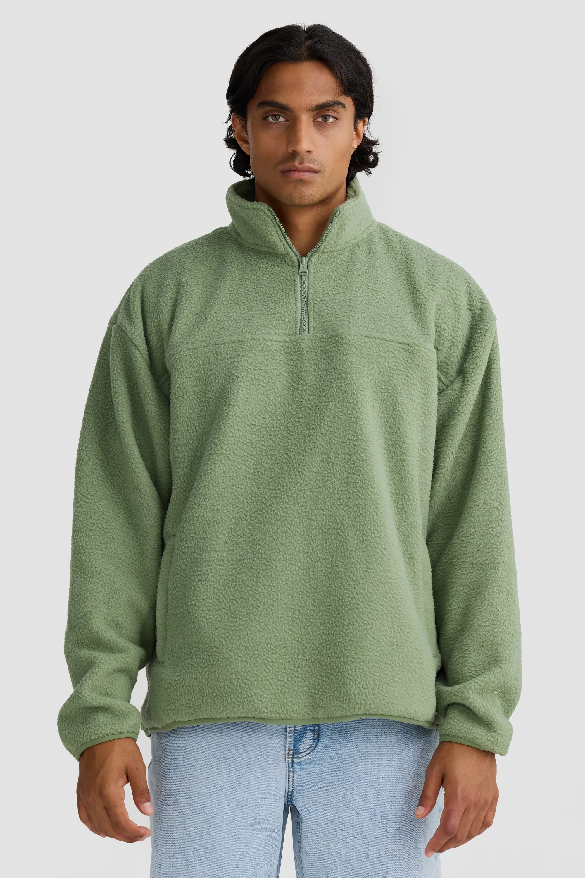 Unisex Sherpa Fleece Quarter Zip Olive