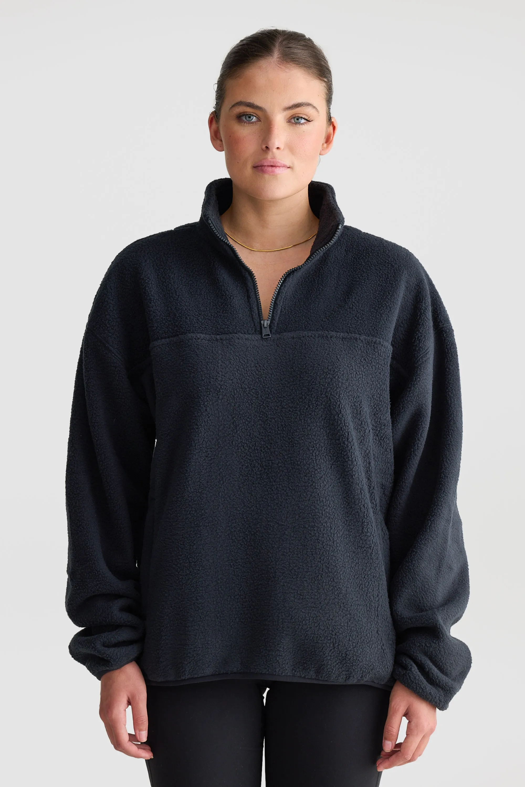 Unisex Sherpa Fleece Quarter Zip Washed Black