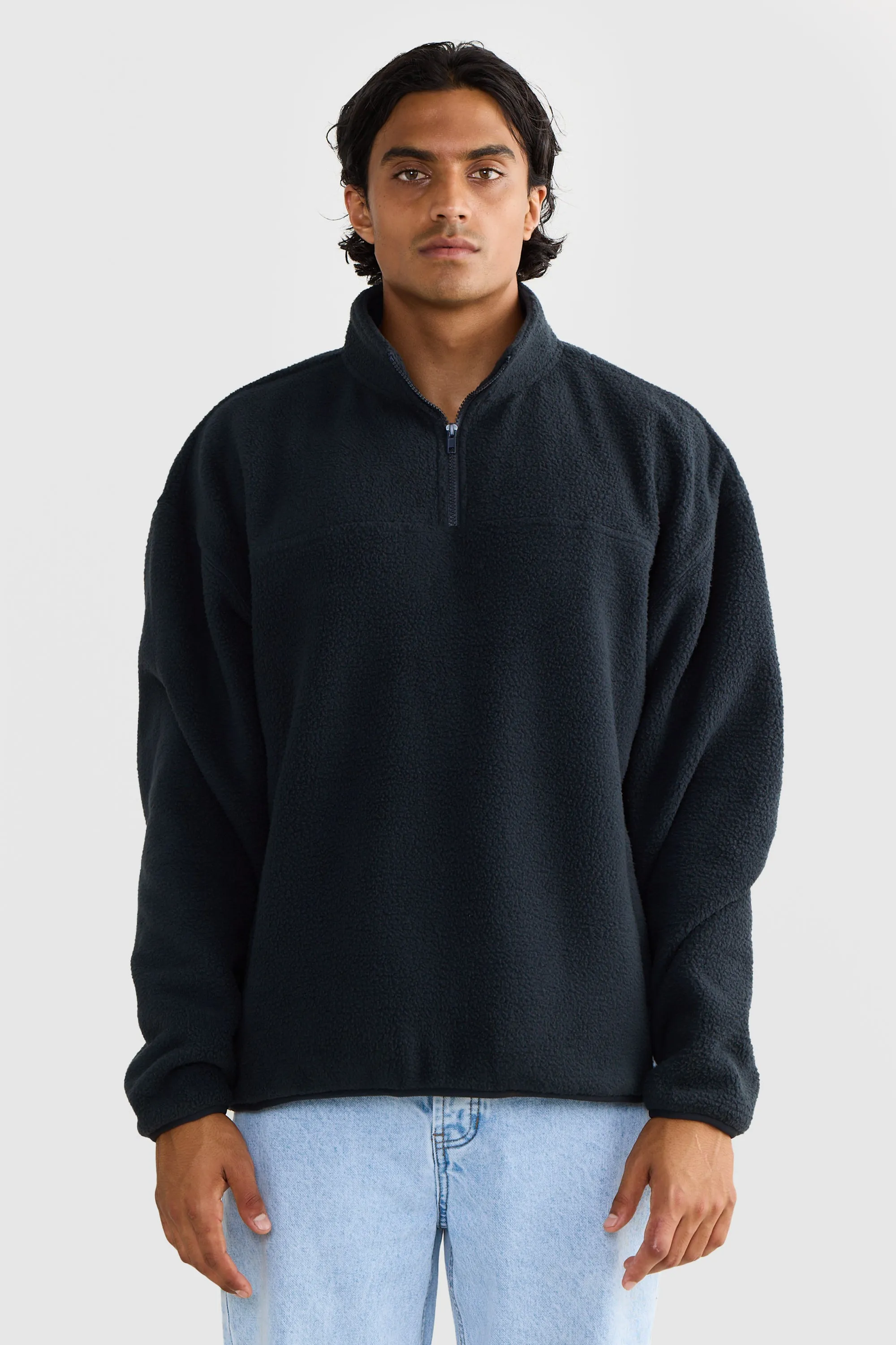 Unisex Sherpa Fleece Quarter Zip Washed Black