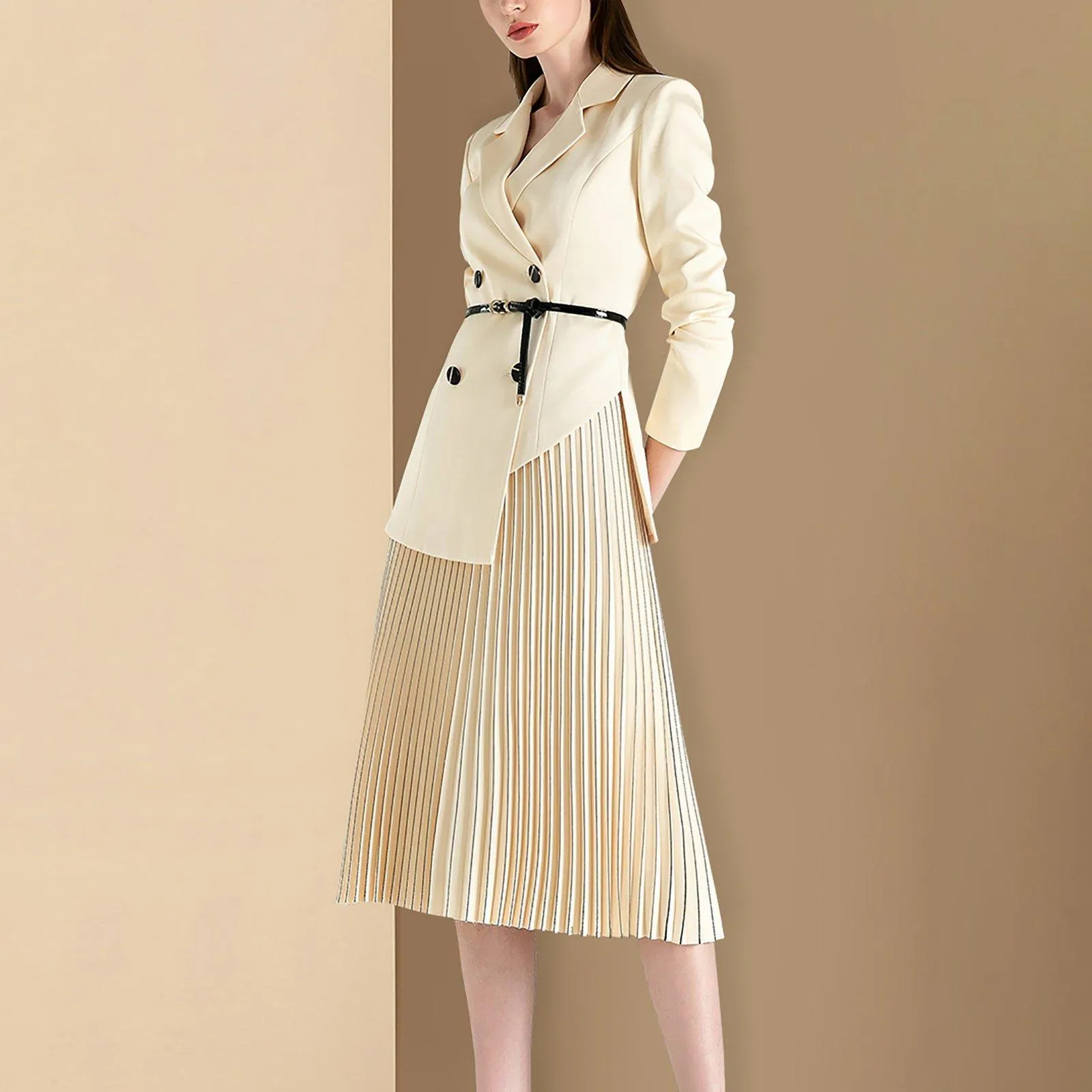 Women Beige irregular Double breasted Blazer Suit and Pleated Skirt Set