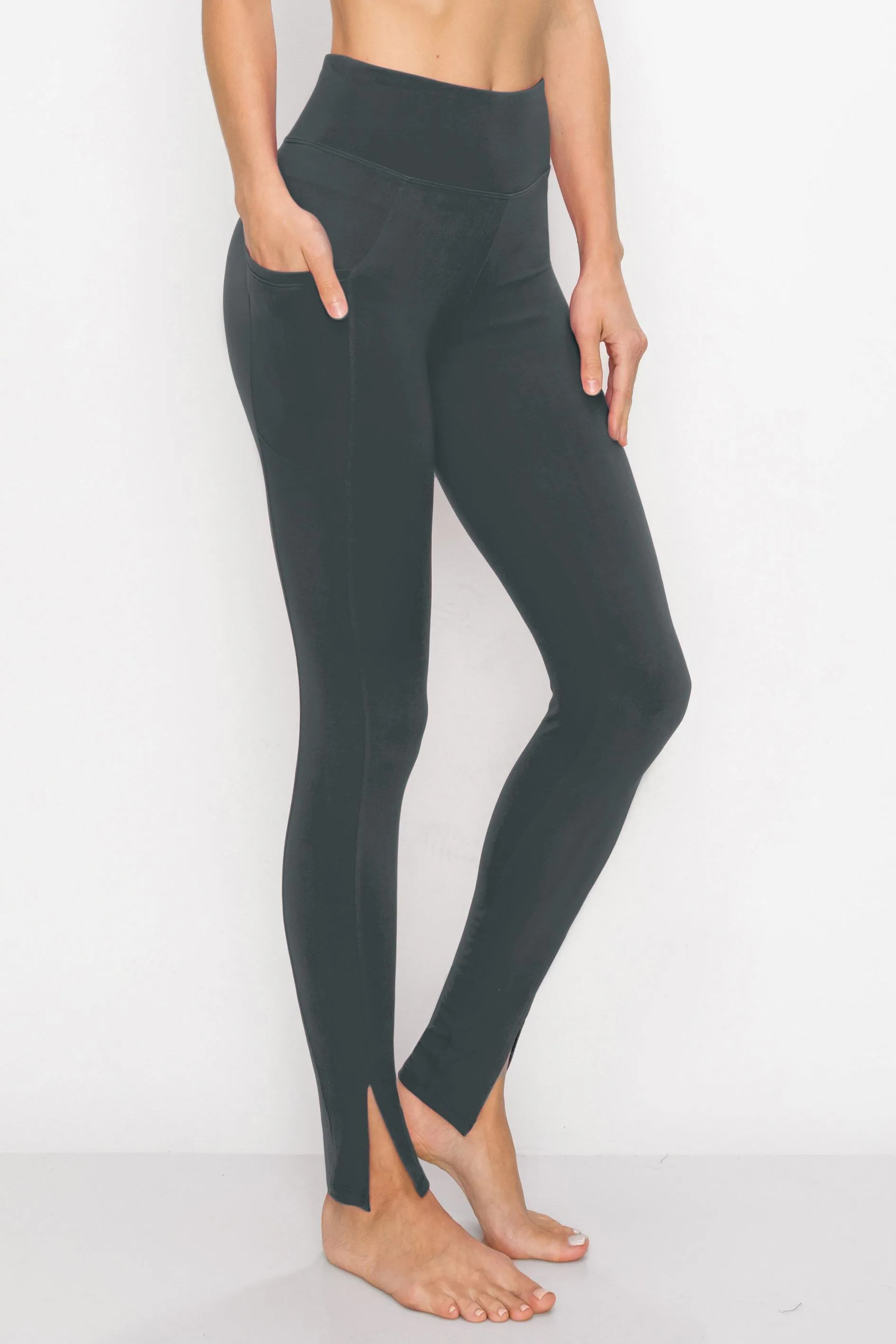 Women's High Waist Leggings Pocket - Premium Buttery Soft Yoga Workout Stretch Solid Front Slit Pants