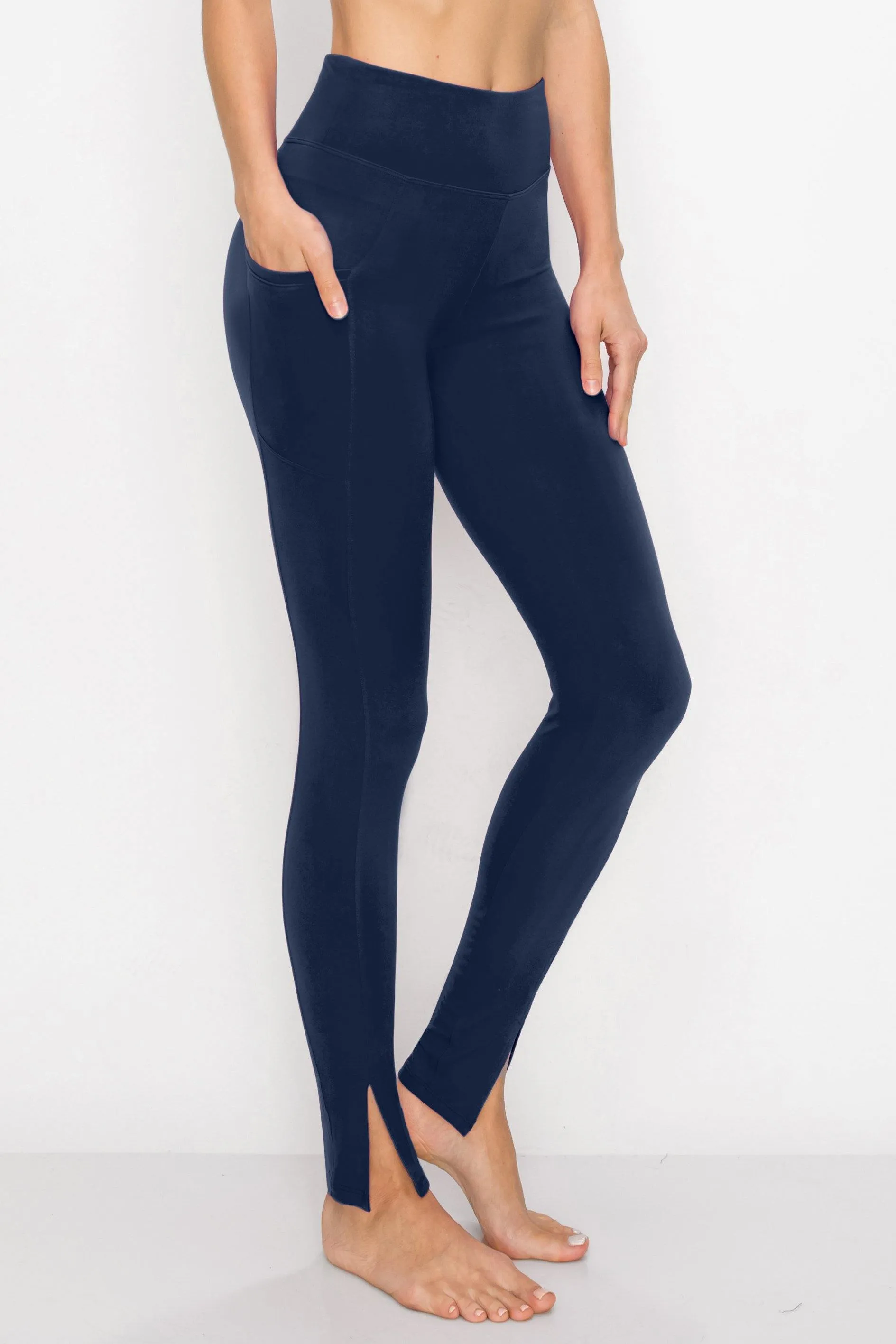 Women's High Waist Leggings Pocket - Premium Buttery Soft Yoga Workout Stretch Solid Front Slit Pants